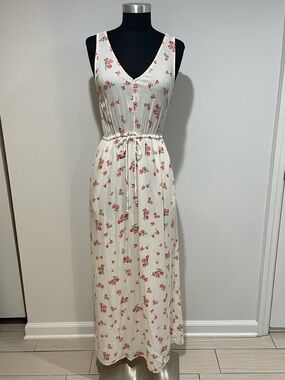 Sleeveless V Neck Cream Floral Maxi Dress with Tie Waist